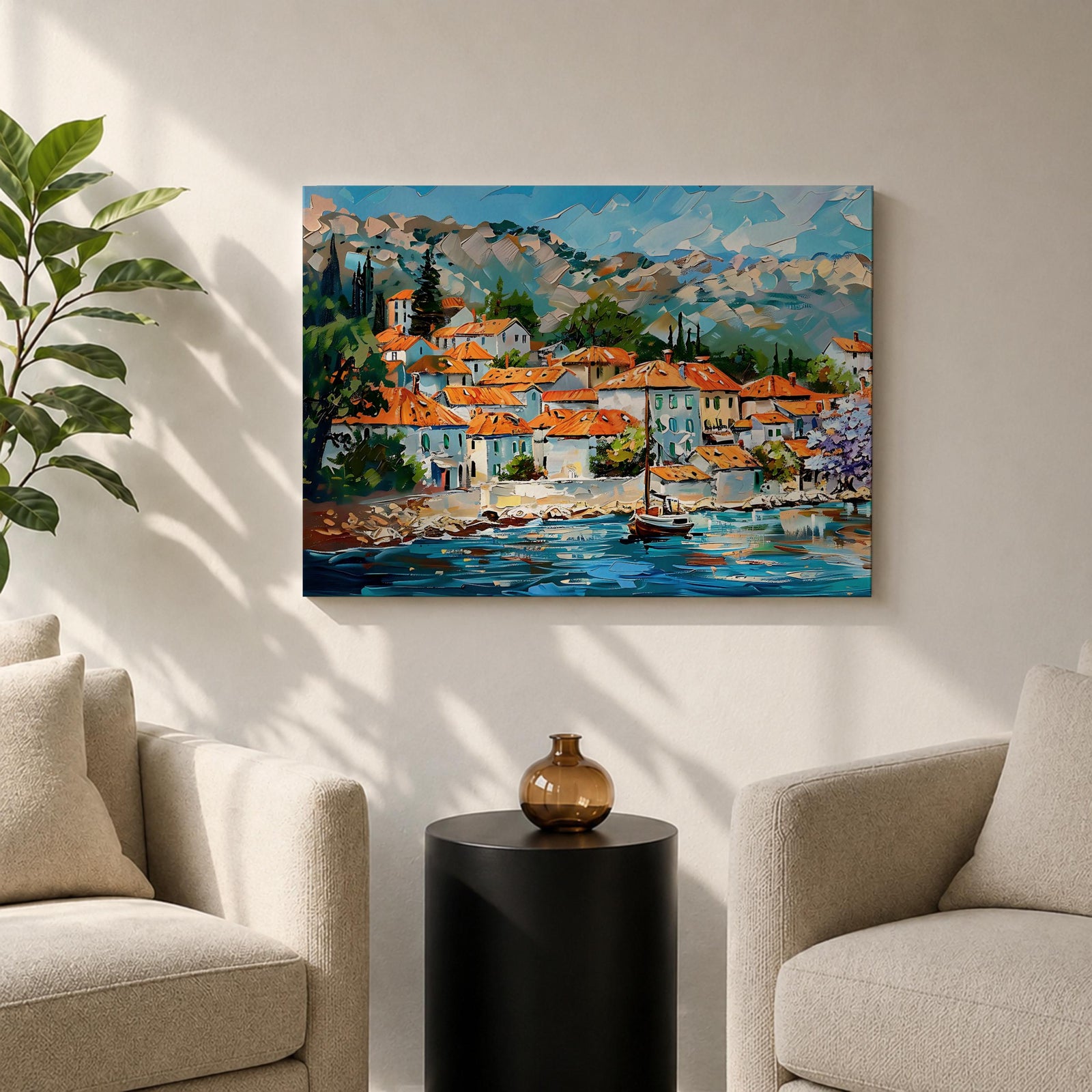 Mediterranean Village Wall Art Dalmatian Coast Framed Canvas Harbor Landscape Boho Home Decor