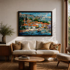 Mediterranean Village Wall Art Dalmatian Coast Framed Canvas Harbor Landscape Boho Home Decor