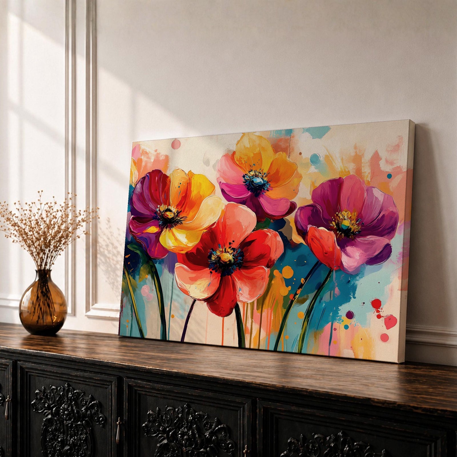 California Poppy Wall Art Wildflower Framed Canvas Botanical Garden Watercolor Floral Living Room Decor