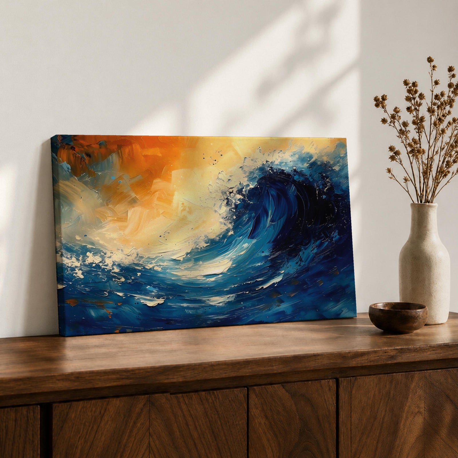 Ocean Wave Wall Art Hokusai Style Framed Canvas Coastal Abstract Seascape Living Room Decor