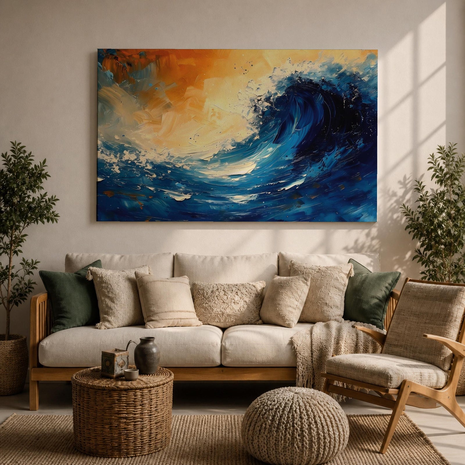 Ocean Wave Wall Art Hokusai Style Framed Canvas Coastal Abstract Seascape Living Room Decor