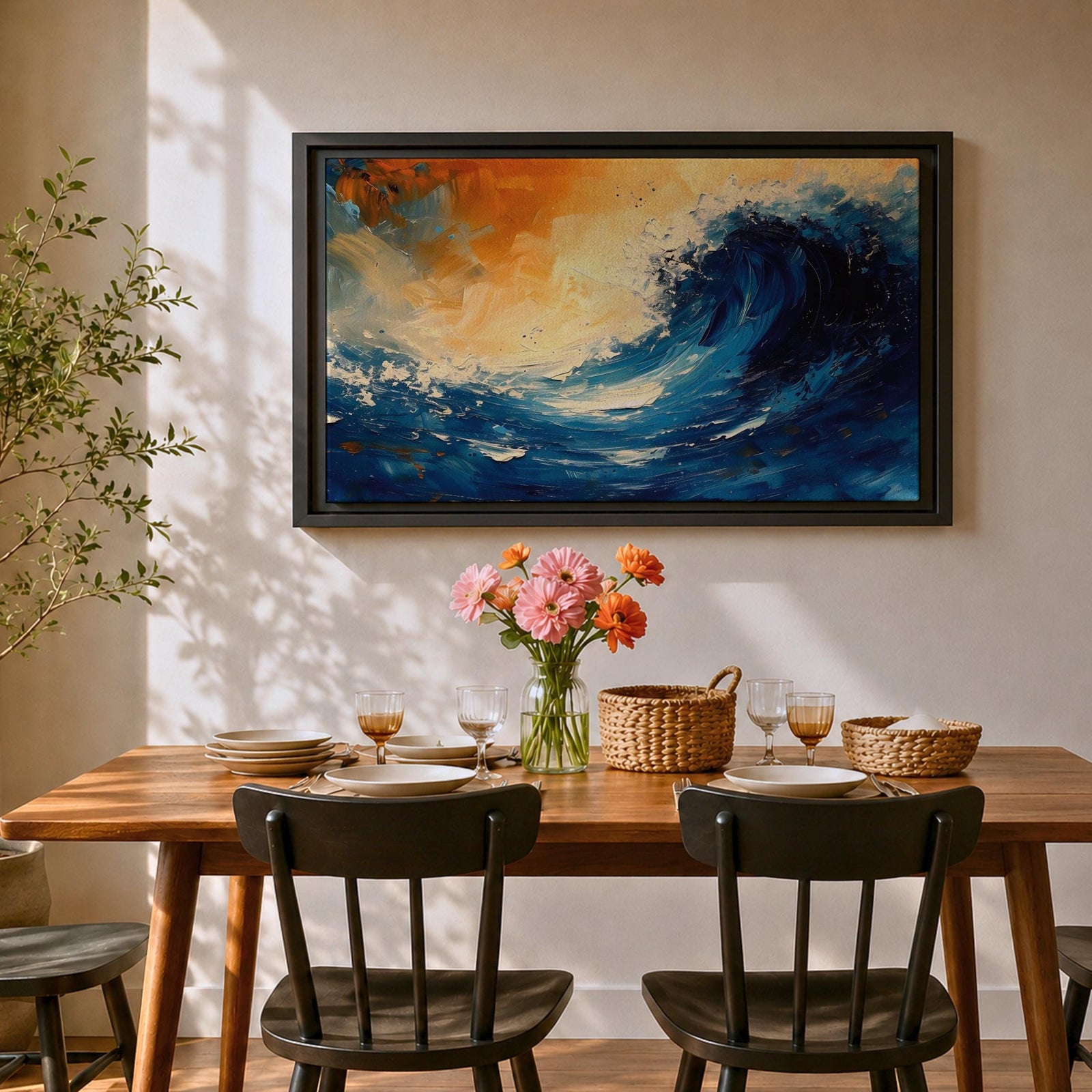 Ocean Wave Wall Art Hokusai Style Framed Canvas Coastal Abstract Seascape Living Room Decor