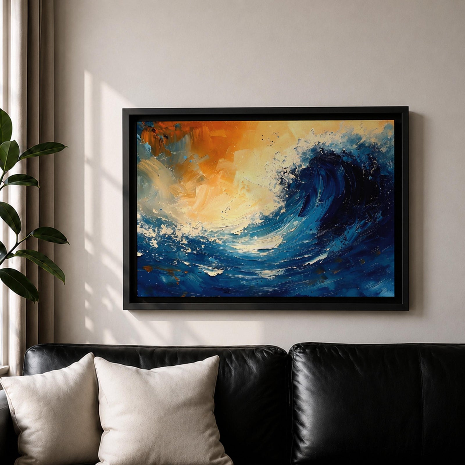 Ocean Wave Wall Art Hokusai Style Framed Canvas Coastal Abstract Seascape Living Room Decor