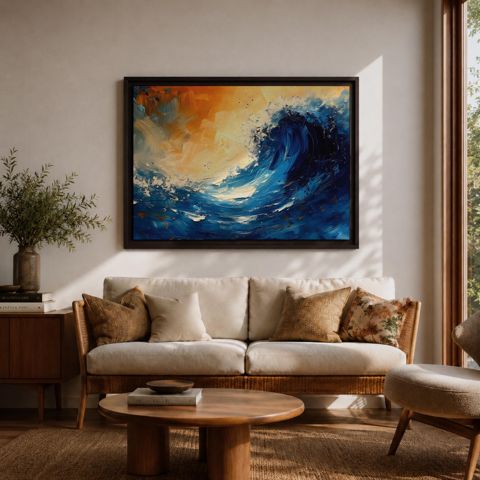Ocean Wave Wall Art Hokusai Style Framed Canvas Coastal Abstract Seascape Living Room Decor