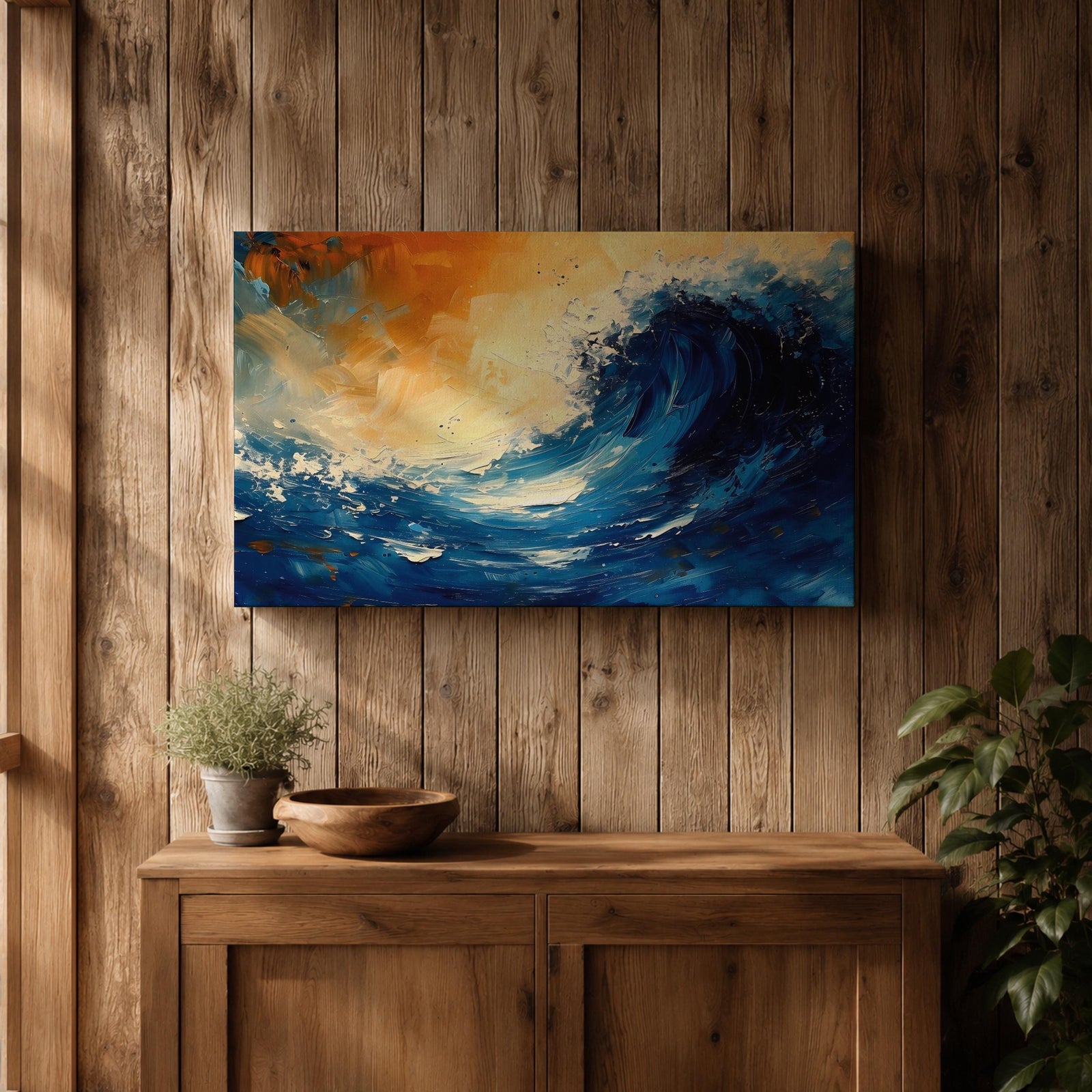 Ocean Wave Wall Art Hokusai Style Framed Canvas Coastal Abstract Seascape Living Room Decor