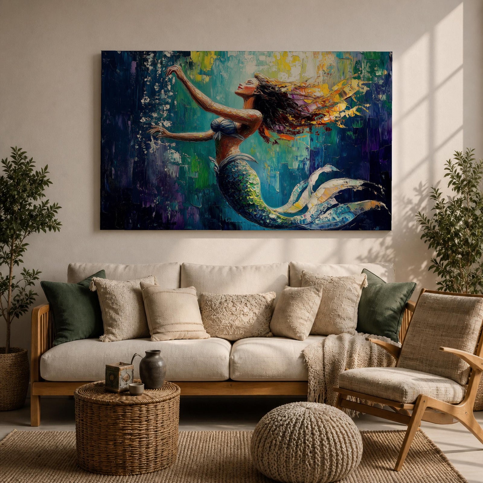 Mermaid Wall Art Sea Nymph Framed Canvas Fantasy Ocean Impasto Mythology Coastal Decor