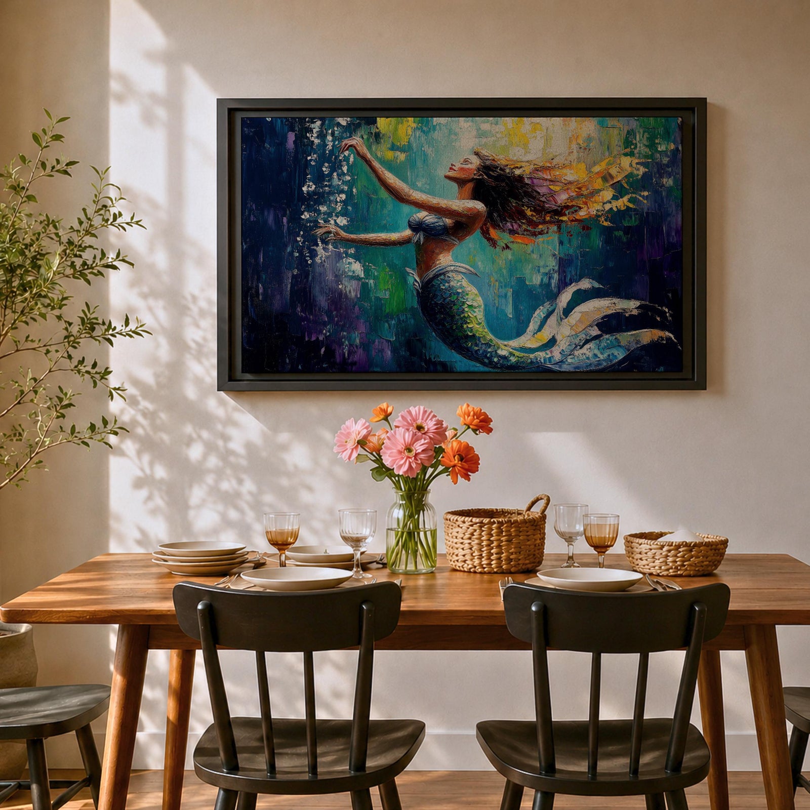 Mermaid Wall Art Sea Nymph Framed Canvas Fantasy Ocean Impasto Mythology Coastal Decor