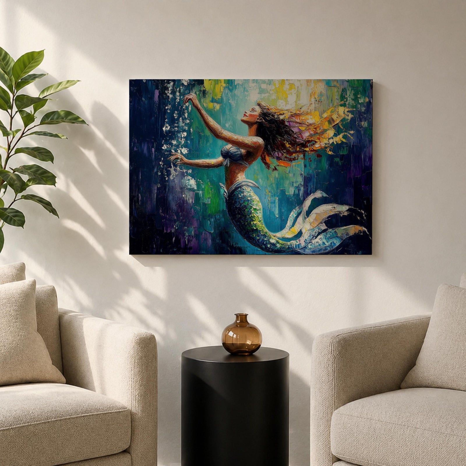 Mermaid Wall Art Sea Nymph Framed Canvas Fantasy Ocean Impasto Mythology Coastal Decor