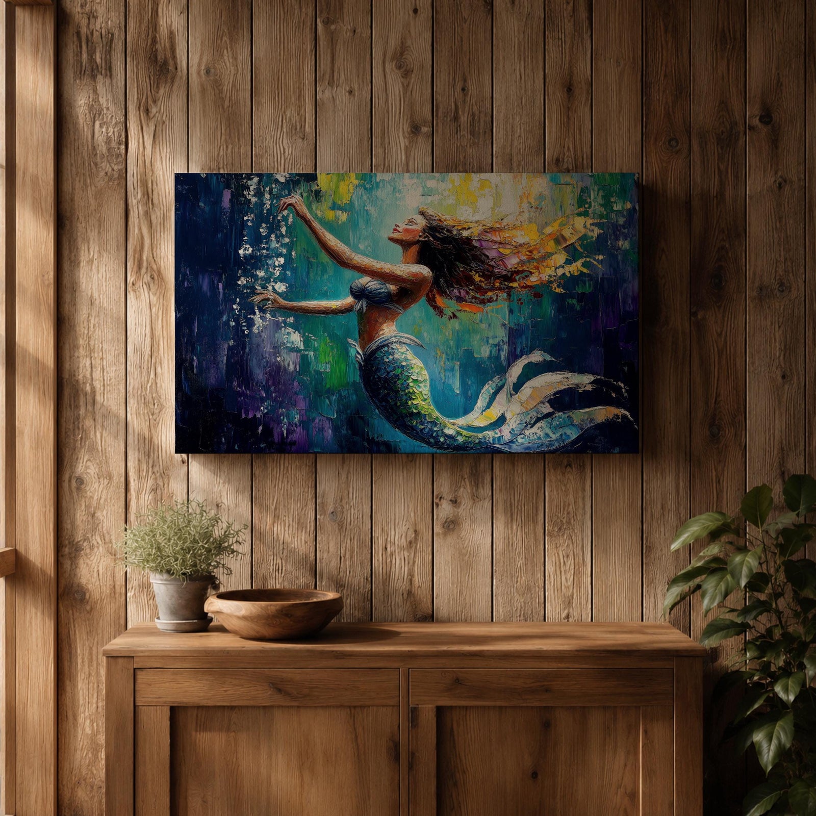 Mermaid Wall Art Sea Nymph Framed Canvas Fantasy Ocean Impasto Mythology Coastal Decor