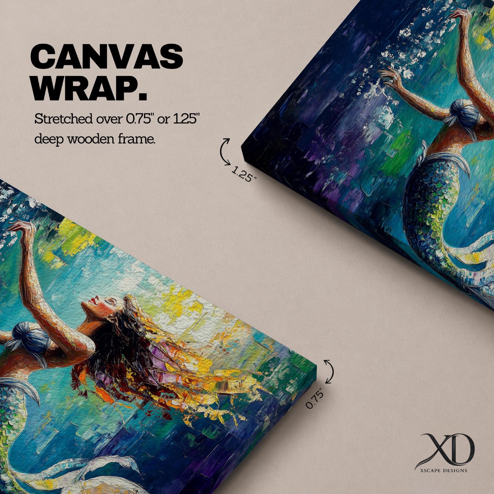 Mermaid Wall Art Sea Nymph Framed Canvas Fantasy Ocean Impasto Mythology Coastal Decor