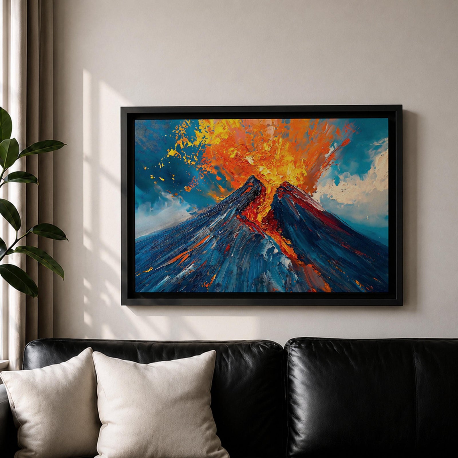 Volcano Wall Art Volcanic Eruption Framed Canvas Lava Magma Impasto Landscape Nature Decor