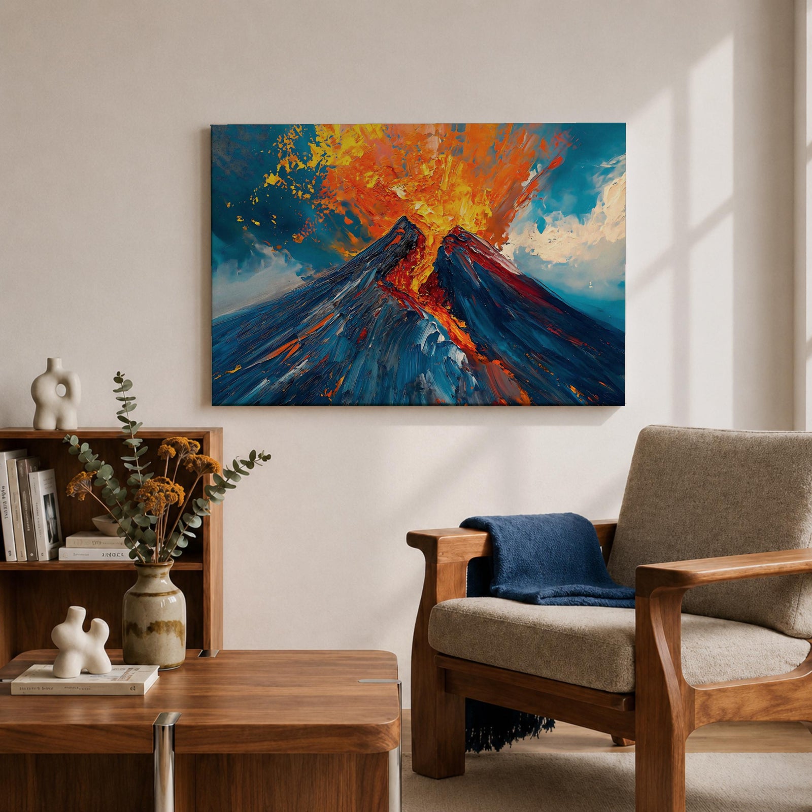 Volcano Wall Art Volcanic Eruption Framed Canvas Lava Magma Impasto Landscape Nature Decor