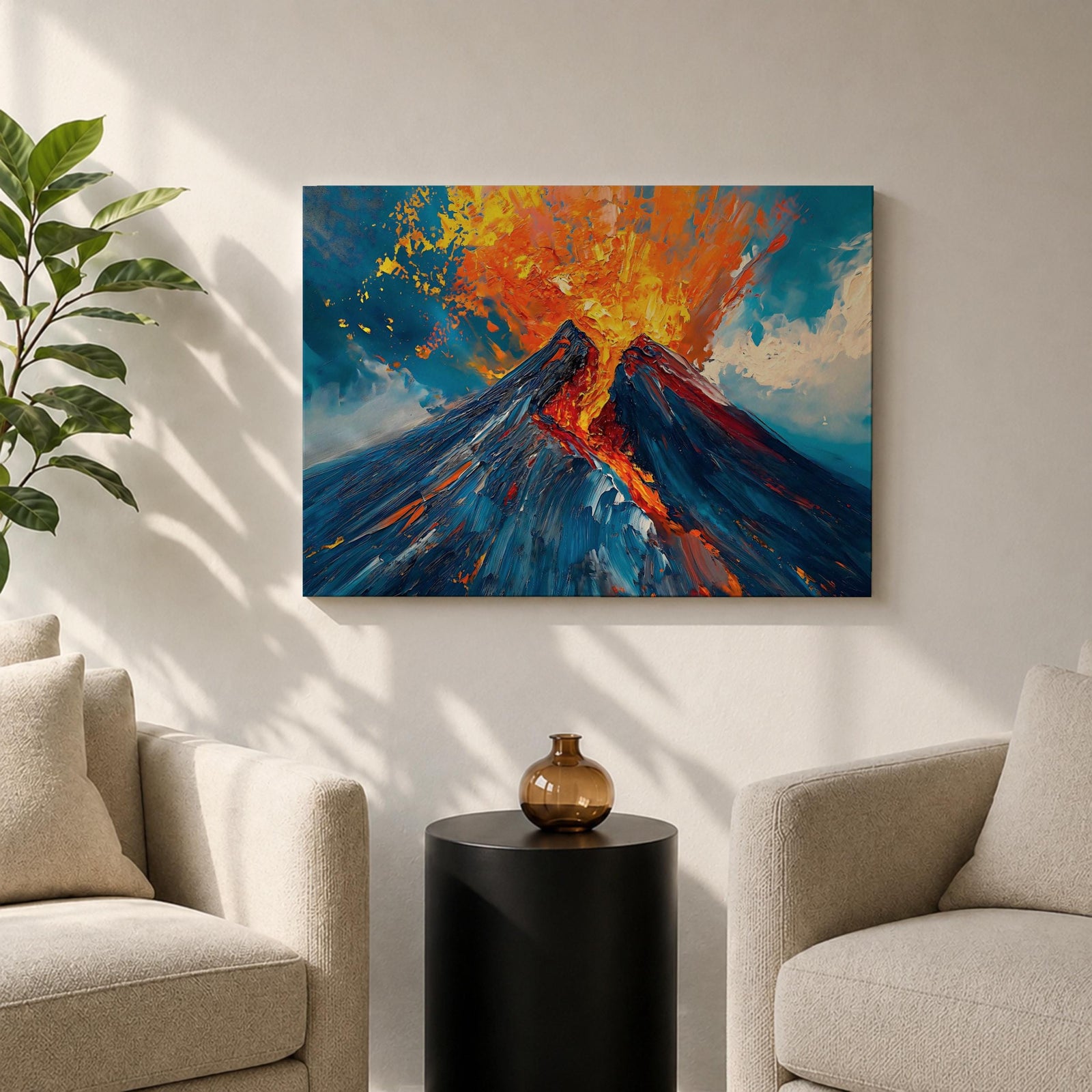 Volcano Wall Art Volcanic Eruption Framed Canvas Lava Magma Impasto Landscape Nature Decor