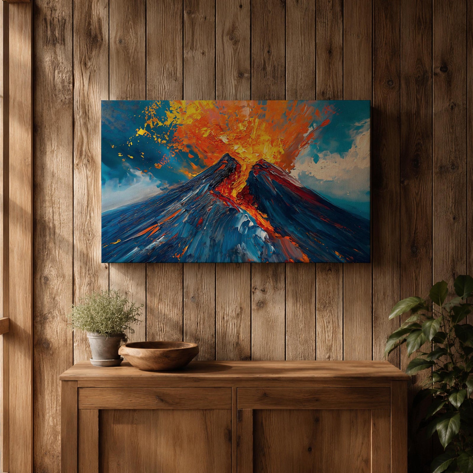 Volcano Wall Art Volcanic Eruption Framed Canvas Lava Magma Impasto Landscape Nature Decor