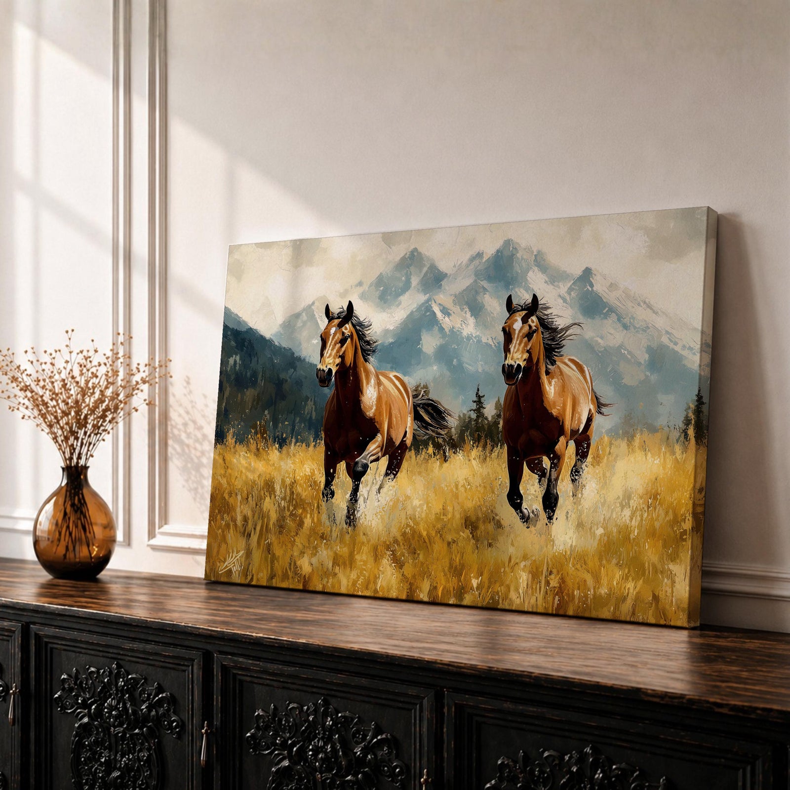 Running Horses Wall Art Mountain Landscape Framed Canvas Animal Gift Farmhouse Home Decor