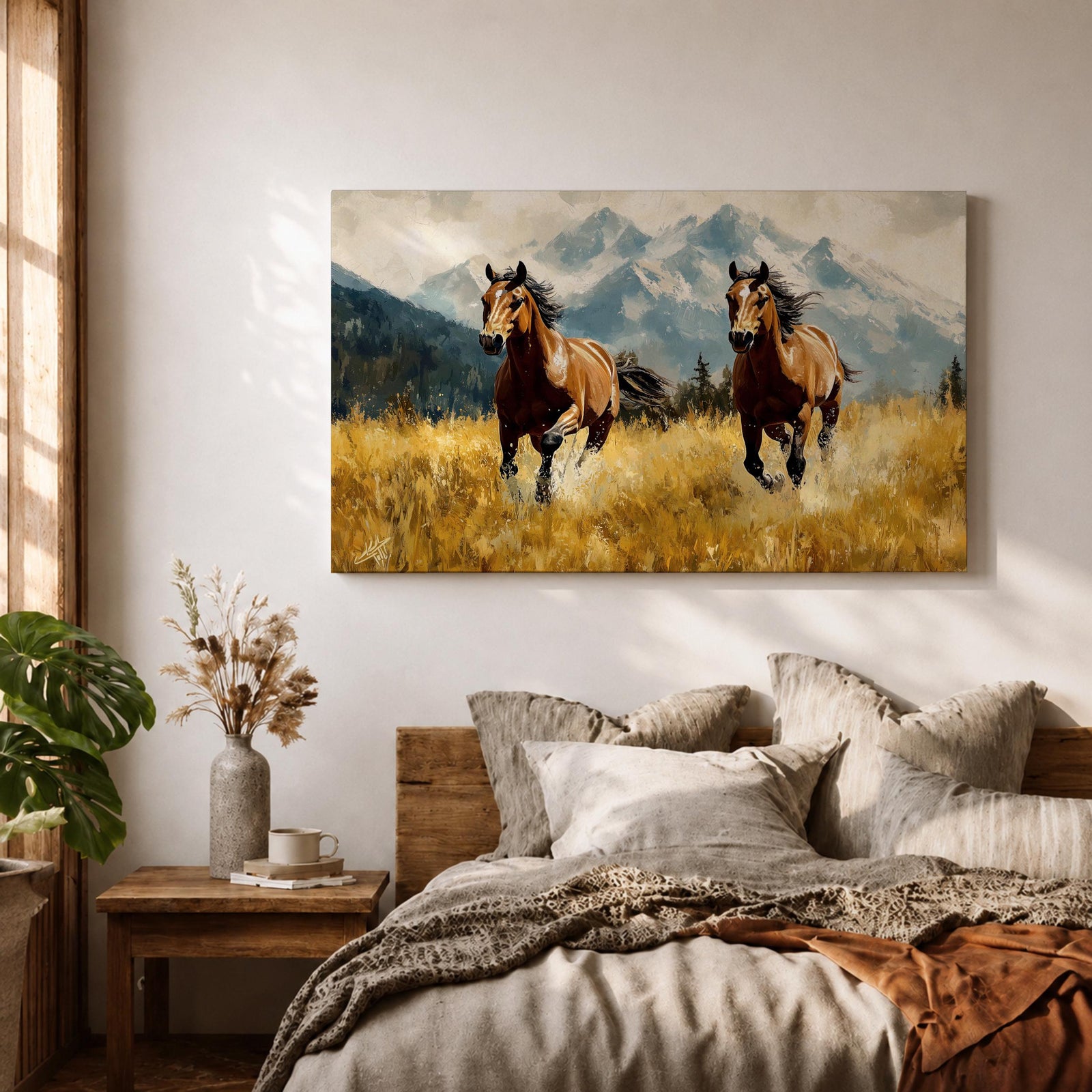 Running Horses Wall Art Mountain Landscape Framed Canvas Animal Gift Farmhouse Home Decor