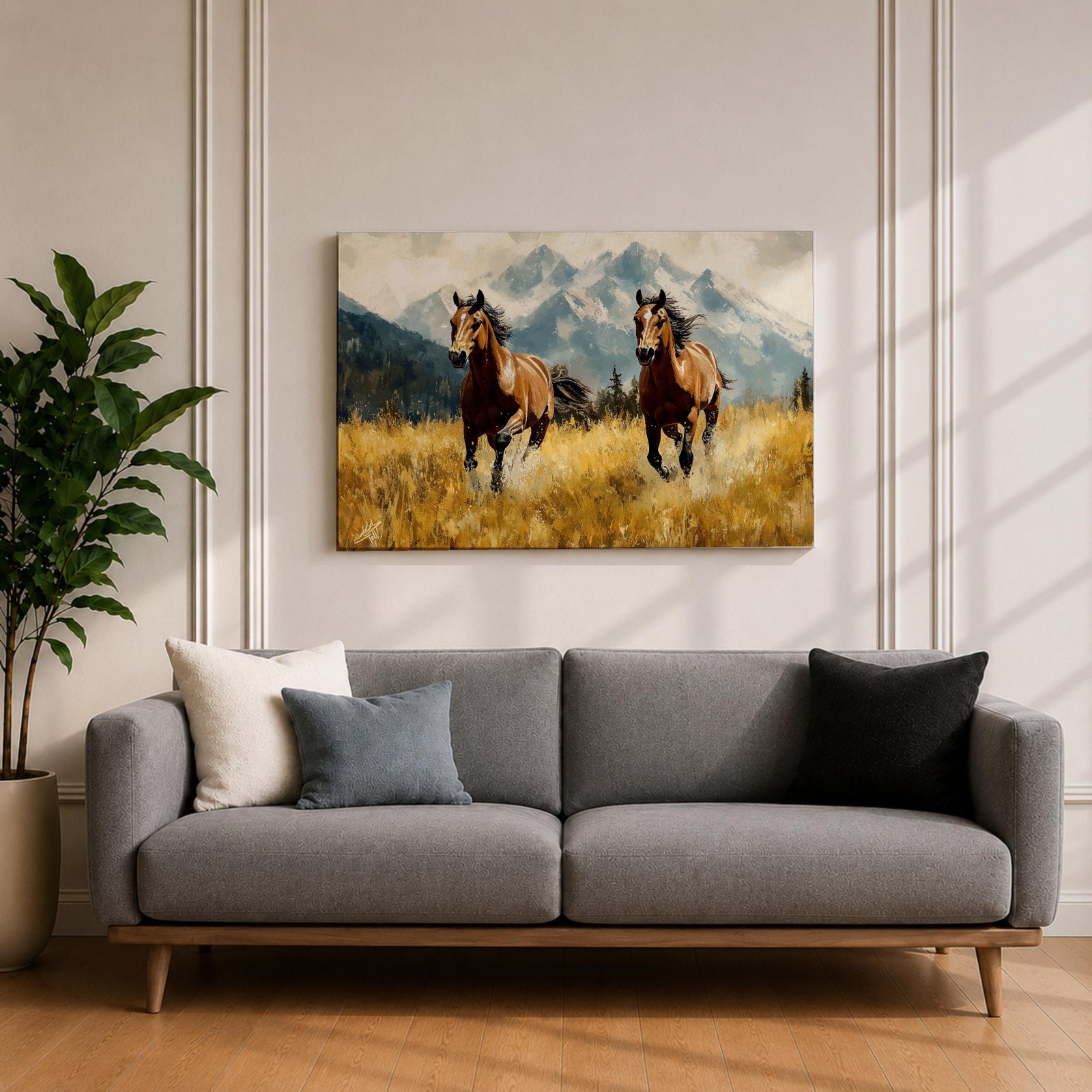 Running Horses Wall Art Mountain Landscape Framed Canvas Animal Gift Farmhouse Home Decor
