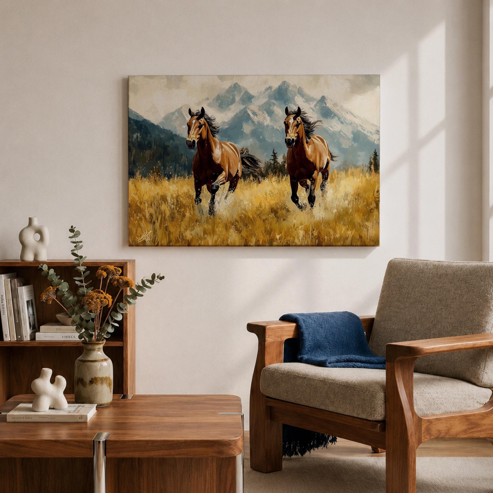Running Horses Wall Art Mountain Landscape Framed Canvas Animal Gift Farmhouse Home Decor