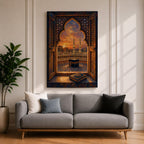 Kaaba wall art viewed through an ornate Islamic arch window overlooking Masjid al Haram at sunset. Featuring the Holy Kaaba, illuminated minarets, and an open Quran in the foreground, this impasto-style Islamic artwork captures a peaceful moment of faith, prayer, and devotion.