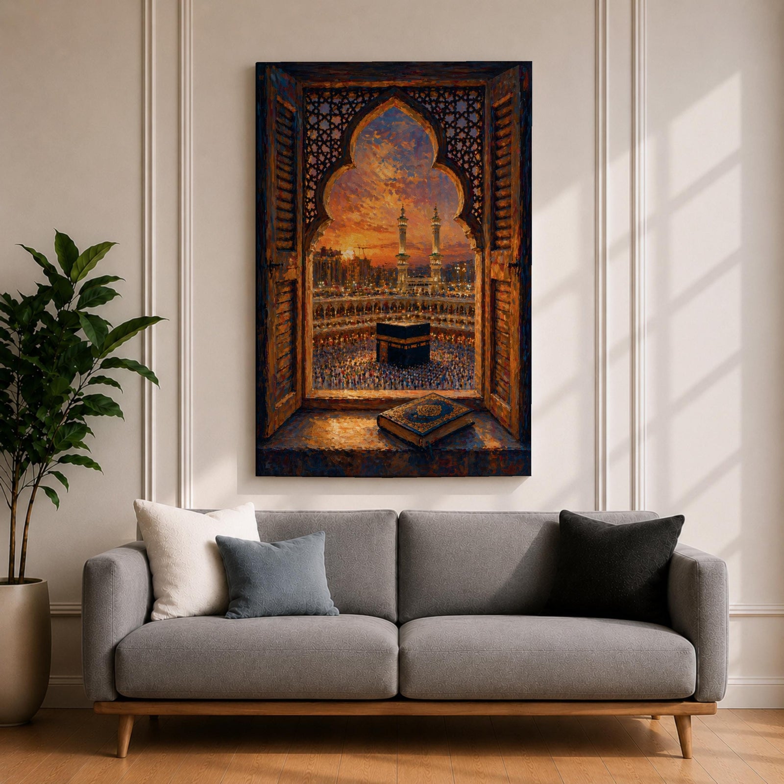 Kaaba wall art viewed through an ornate Islamic arch window overlooking Masjid al Haram at sunset. Featuring the Holy Kaaba, illuminated minarets, and an open Quran in the foreground, this impasto-style Islamic artwork captures a peaceful moment of faith, prayer, and devotion.