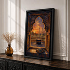 Kaaba wall art viewed through an ornate Islamic arch window overlooking Masjid al Haram at sunset. Featuring the Holy Kaaba, illuminated minarets, and an open Quran in the foreground, this impasto-style Islamic artwork captures a peaceful moment of faith, prayer, and devotion.
