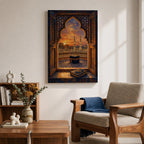 Kaaba wall art viewed through an ornate Islamic arch window overlooking Masjid al Haram at sunset. Featuring the Holy Kaaba, illuminated minarets, and an open Quran in the foreground, this impasto-style Islamic artwork captures a peaceful moment of faith, prayer, and devotion.