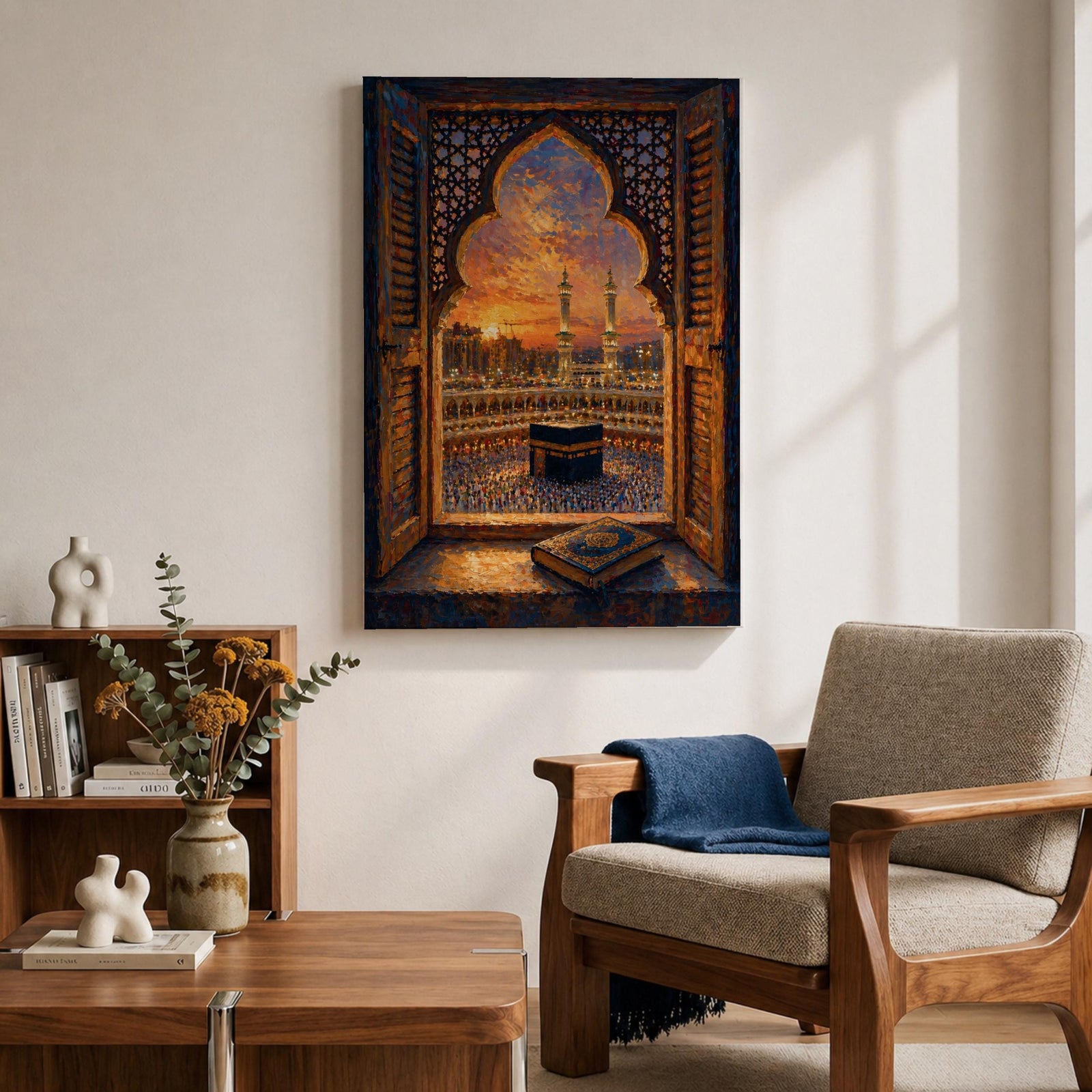 Kaaba wall art viewed through an ornate Islamic arch window overlooking Masjid al Haram at sunset. Featuring the Holy Kaaba, illuminated minarets, and an open Quran in the foreground, this impasto-style Islamic artwork captures a peaceful moment of faith, prayer, and devotion.