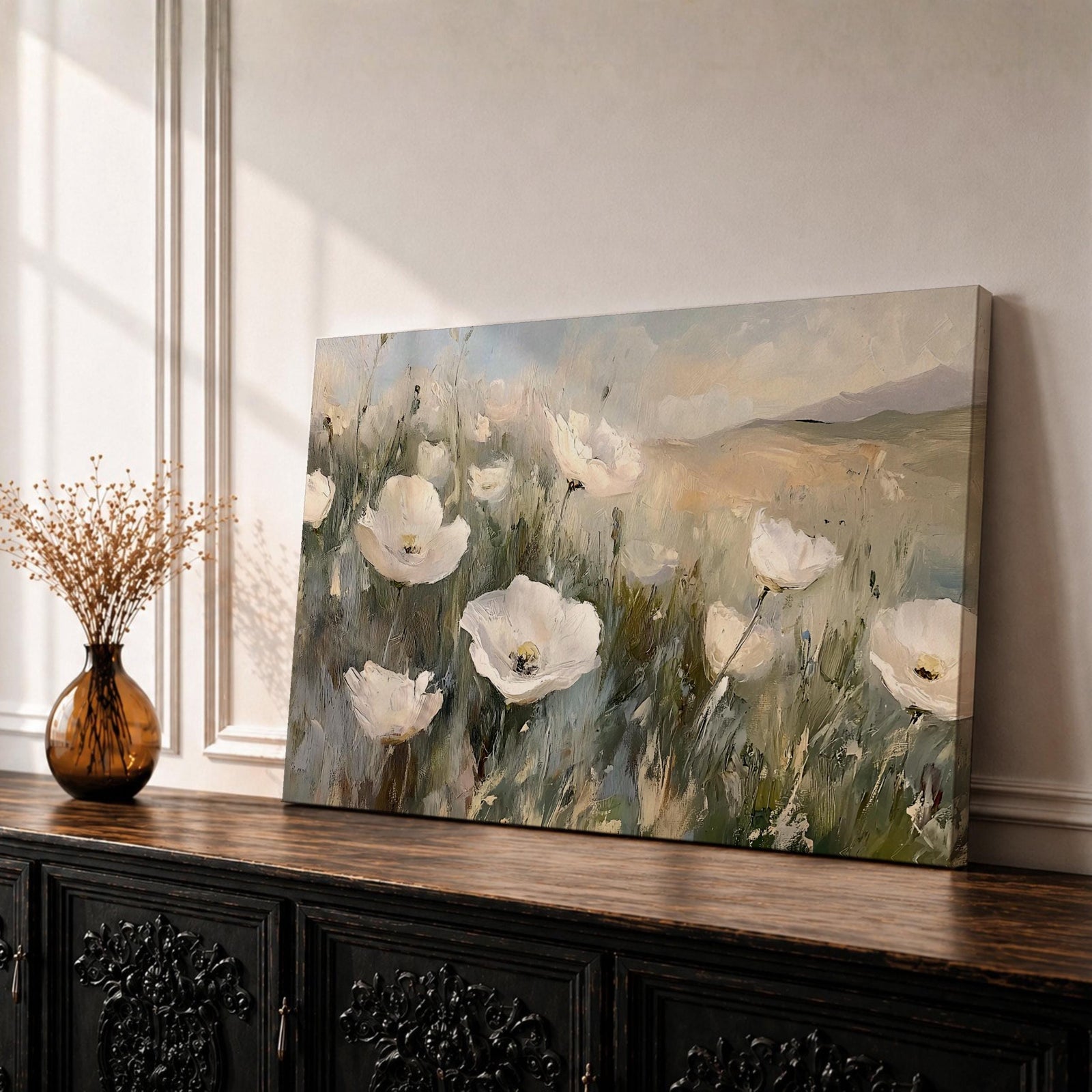 Wildflower Meadow Wall Art Rustic Floral Field Framed Canvas Vintage Farmhouse Rustic Home Decor