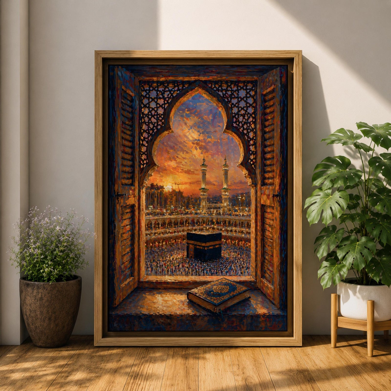 Kaaba wall art viewed through an ornate Islamic arch window overlooking Masjid al Haram at sunset. Featuring the Holy Kaaba, illuminated minarets, and an open Quran in the foreground, this impasto-style Islamic artwork captures a peaceful moment of faith, prayer, and devotion.