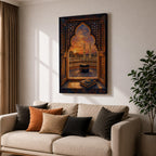 Kaaba wall art viewed through an ornate Islamic arch window overlooking Masjid al Haram at sunset. Featuring the Holy Kaaba, illuminated minarets, and an open Quran in the foreground, this impasto-style Islamic artwork captures a peaceful moment of faith, prayer, and devotion.