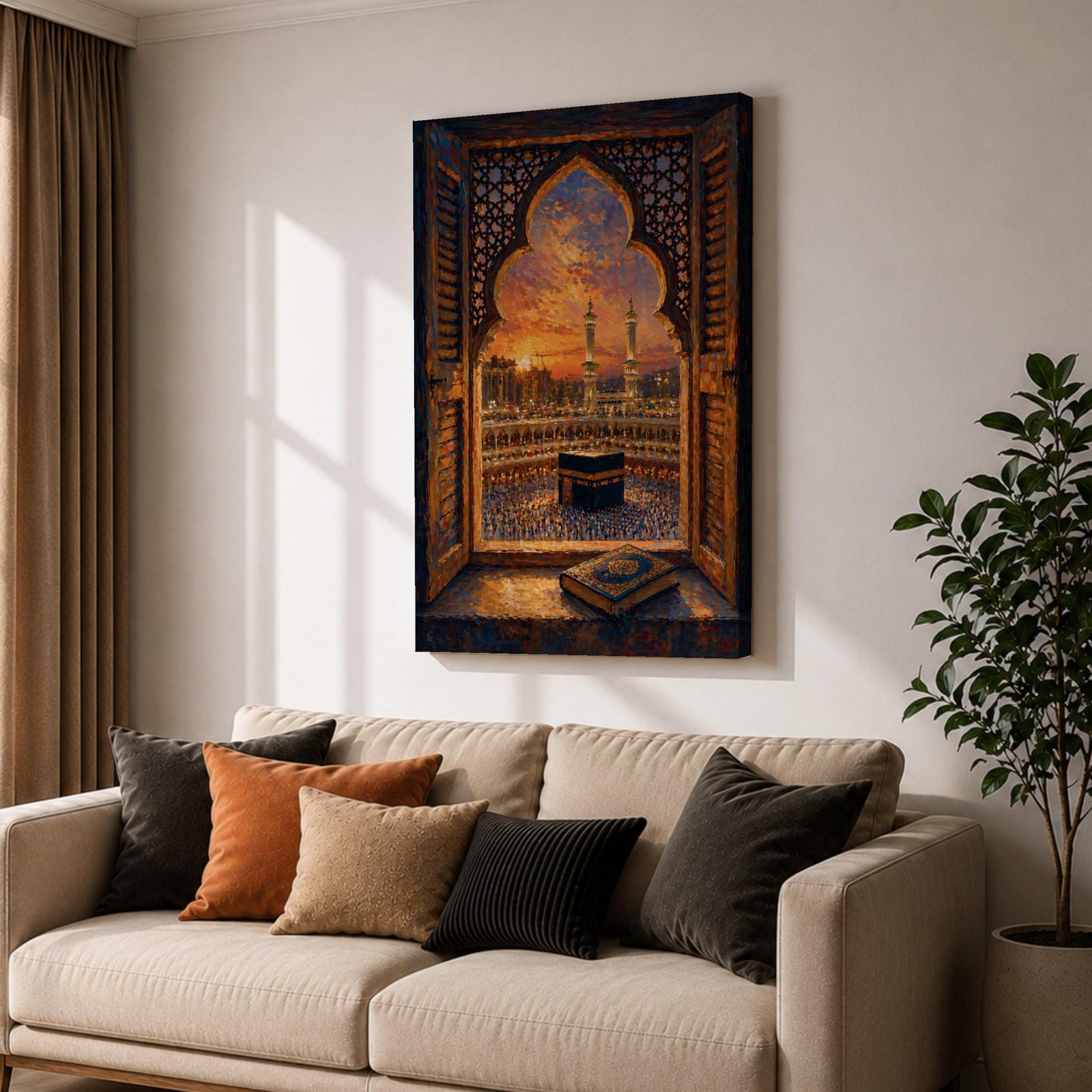 Kaaba wall art viewed through an ornate Islamic arch window overlooking Masjid al Haram at sunset. Featuring the Holy Kaaba, illuminated minarets, and an open Quran in the foreground, this impasto-style Islamic artwork captures a peaceful moment of faith, prayer, and devotion.