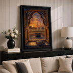 Kaaba wall art viewed through an ornate Islamic arch window overlooking Masjid al Haram at sunset. Featuring the Holy Kaaba, illuminated minarets, and an open Quran in the foreground, this impasto-style Islamic artwork captures a peaceful moment of faith, prayer, and devotion.