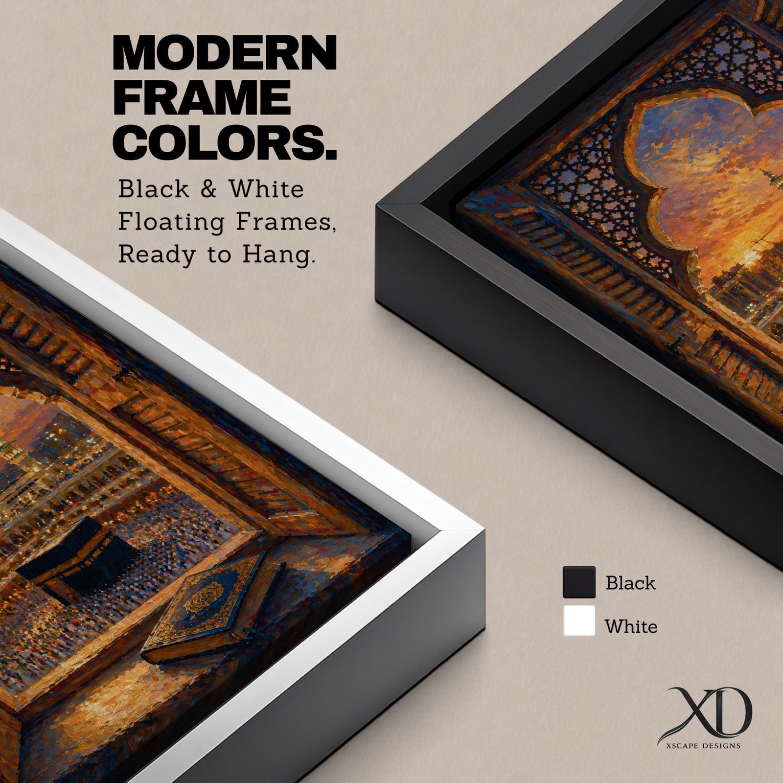 Kaaba wall art viewed through an ornate Islamic arch window overlooking Masjid al Haram at sunset. Featuring the Holy Kaaba, illuminated minarets, and an open Quran in the foreground, this impasto-style Islamic artwork captures a peaceful moment of faith, prayer, and devotion.