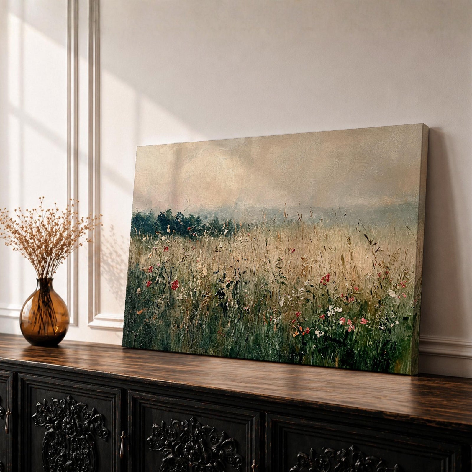 Wildflower Field Wall Art Meadow Flowers Framed Canvas Rustic Farmhouse Vintage Nature Home Decor