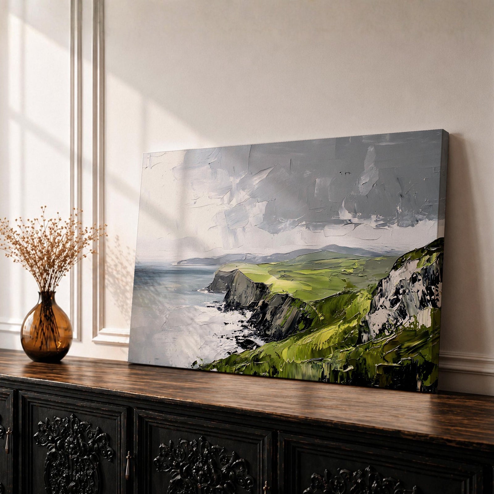 Irish Coastal Cliffs Wall Art Emerald Isle Framed Canvas Impasto Rustic Home Decor