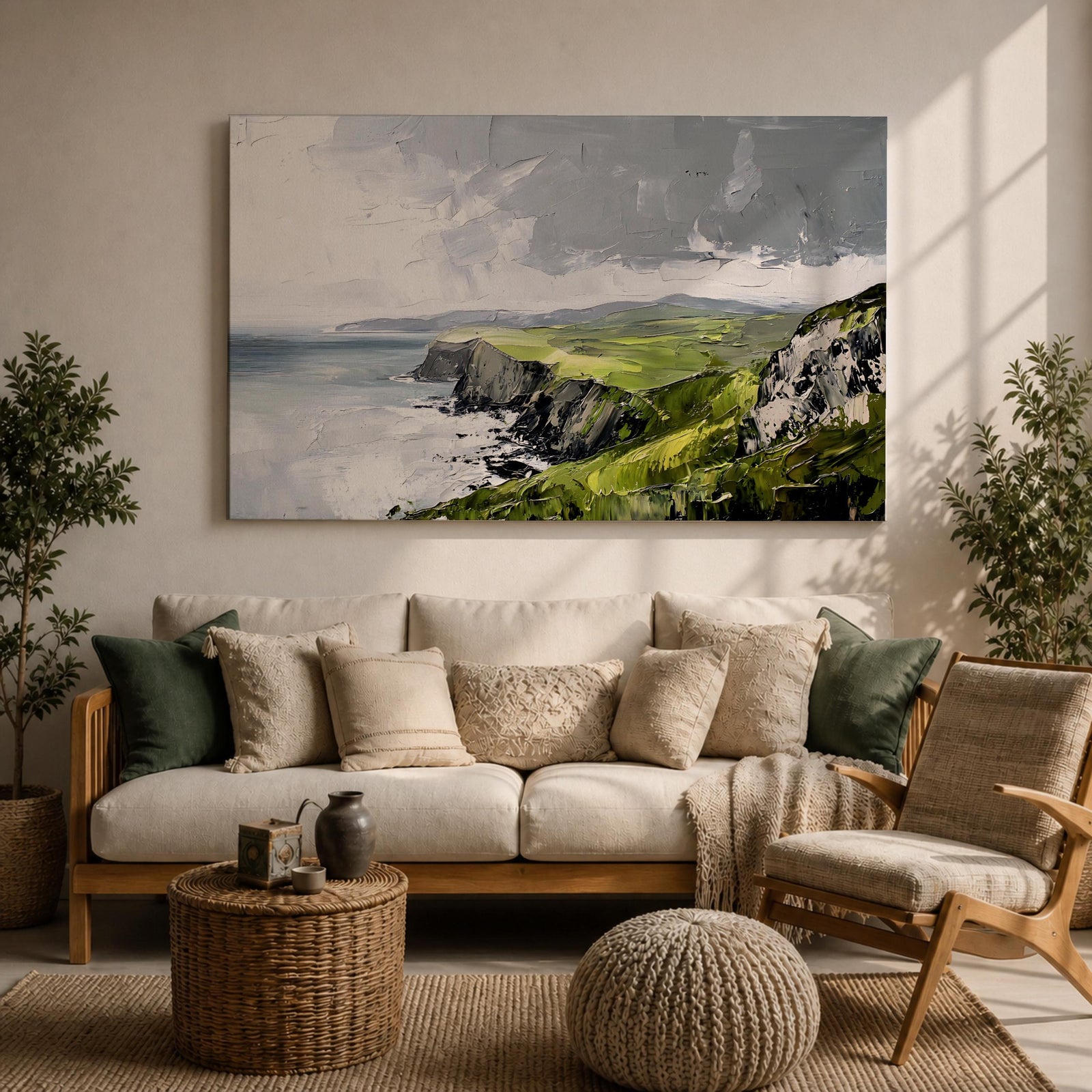 Irish Coastal Cliffs Wall Art Emerald Isle Framed Canvas Impasto Rustic Home Decor