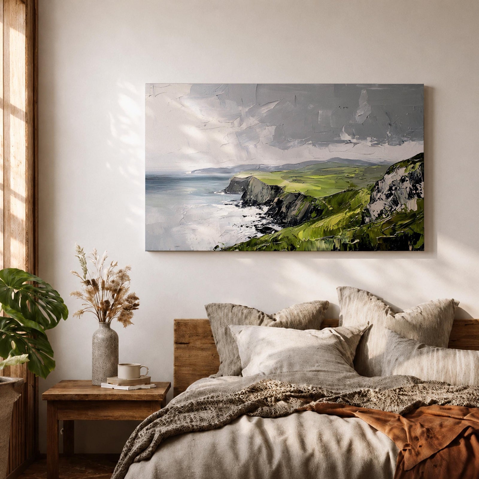 Irish Coastal Cliffs Wall Art Emerald Isle Framed Canvas Impasto Rustic Home Decor