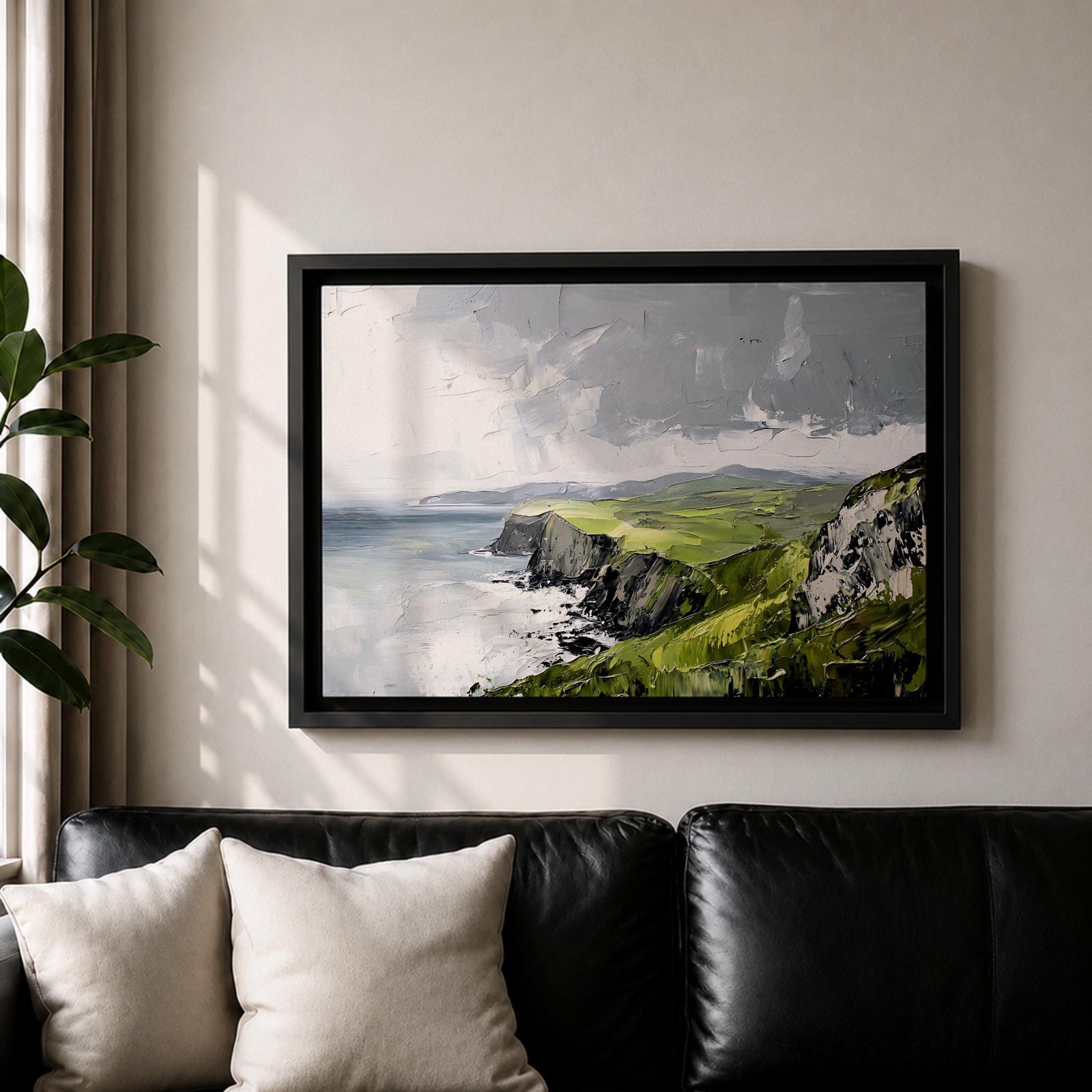 Irish Coastal Cliffs Wall Art Emerald Isle Framed Canvas Impasto Rustic Home Decor
