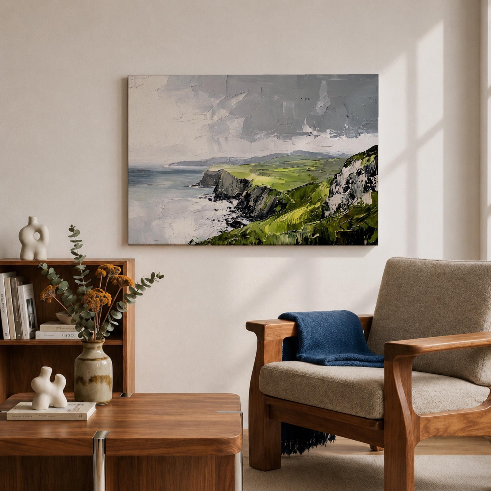Irish Coastal Cliffs Wall Art Emerald Isle Framed Canvas Impasto Rustic Home Decor