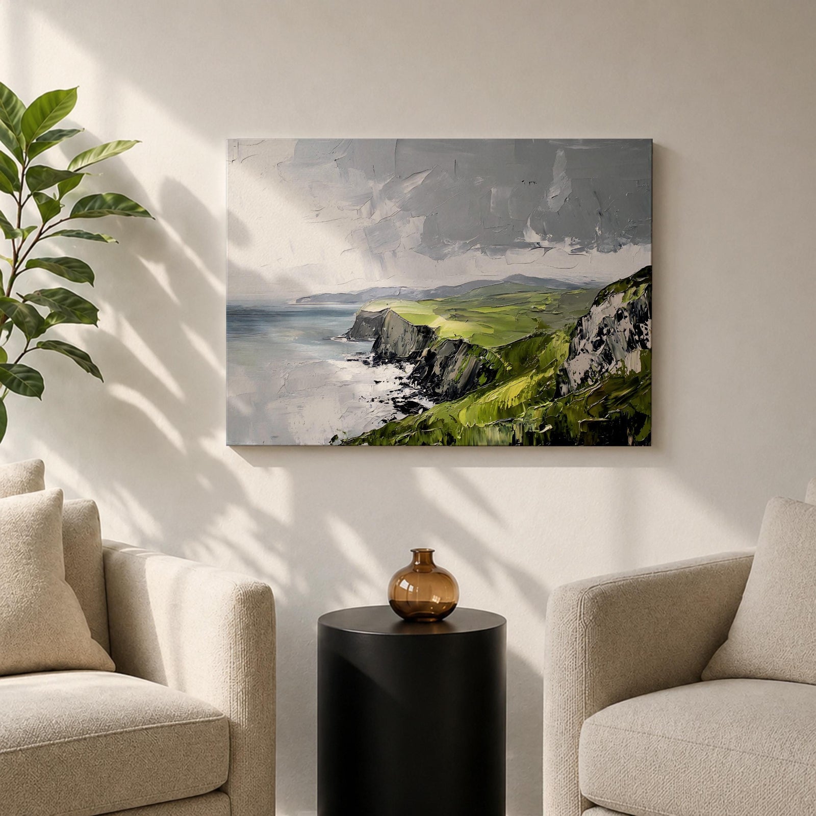 Irish Coastal Cliffs Wall Art Emerald Isle Framed Canvas Impasto Rustic Home Decor