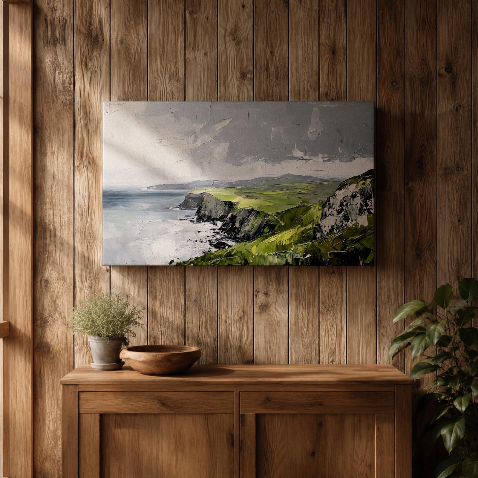 Irish Coastal Cliffs Wall Art Emerald Isle Framed Canvas Impasto Rustic Home Decor