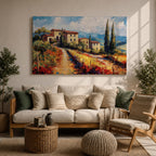 Tuscan Countryside Wall Art Mediterranean Landscape Framed Canvas Impasto Rustic Farmhouse Home Decor