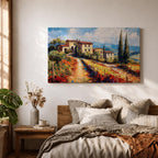 Tuscan Countryside Wall Art Mediterranean Landscape Framed Canvas Impasto Rustic Farmhouse Home Decor