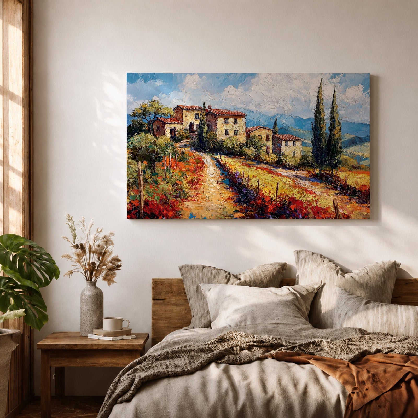 Tuscan Countryside Wall Art Mediterranean Landscape Framed Canvas Impasto Rustic Farmhouse Home Decor