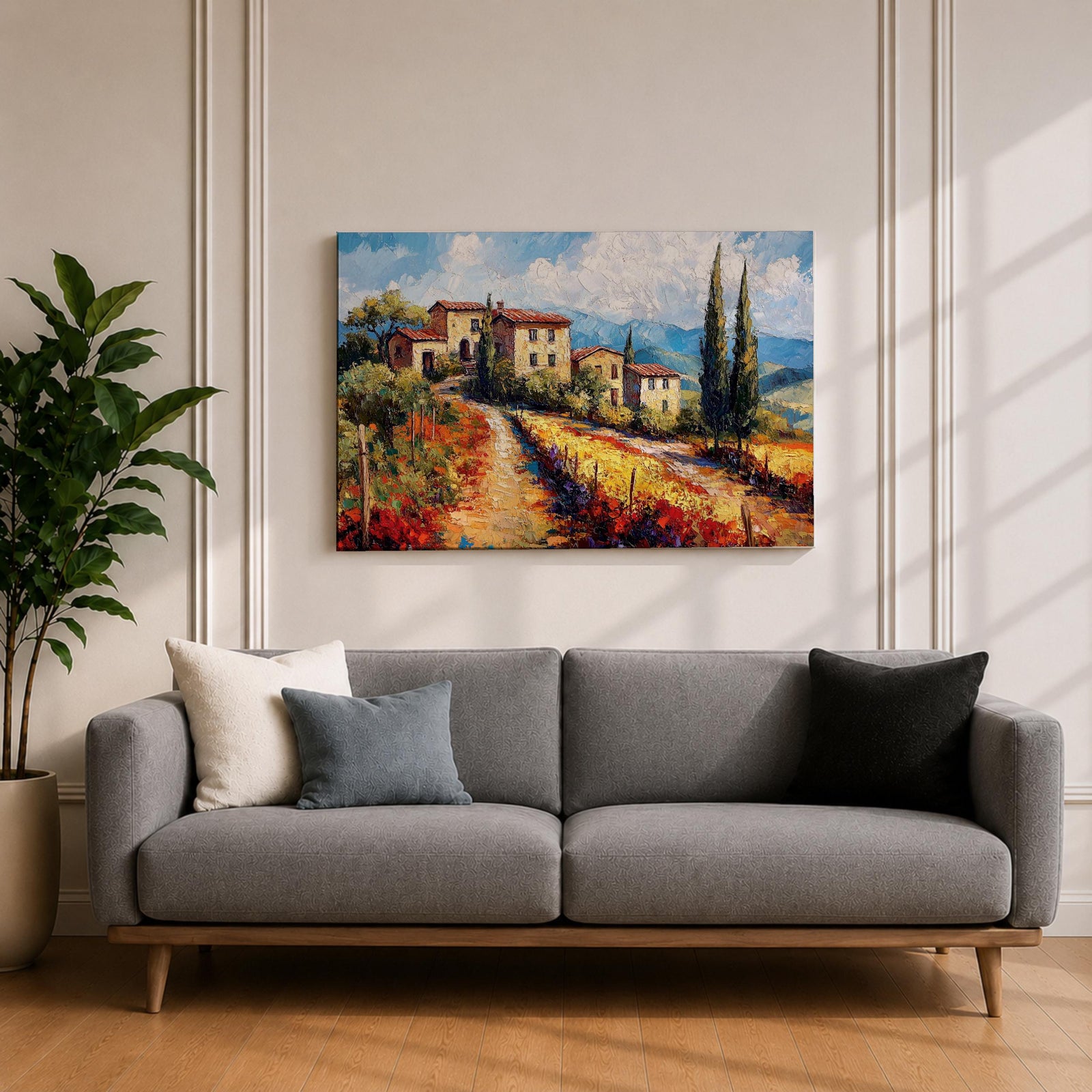 Tuscan Countryside Wall Art Mediterranean Landscape Framed Canvas Impasto Rustic Farmhouse Home Decor