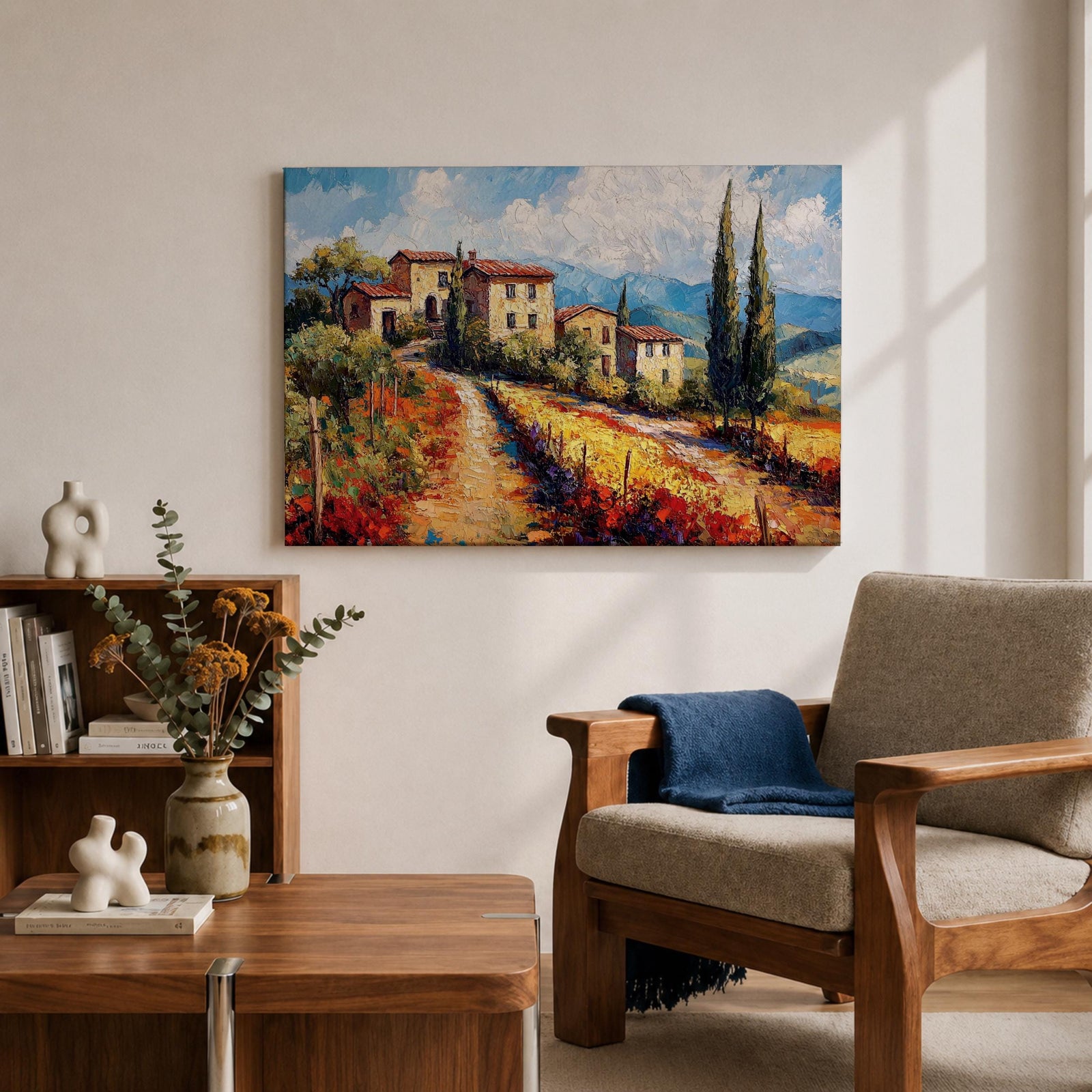 Tuscan Countryside Wall Art Mediterranean Landscape Framed Canvas Impasto Rustic Farmhouse Home Decor