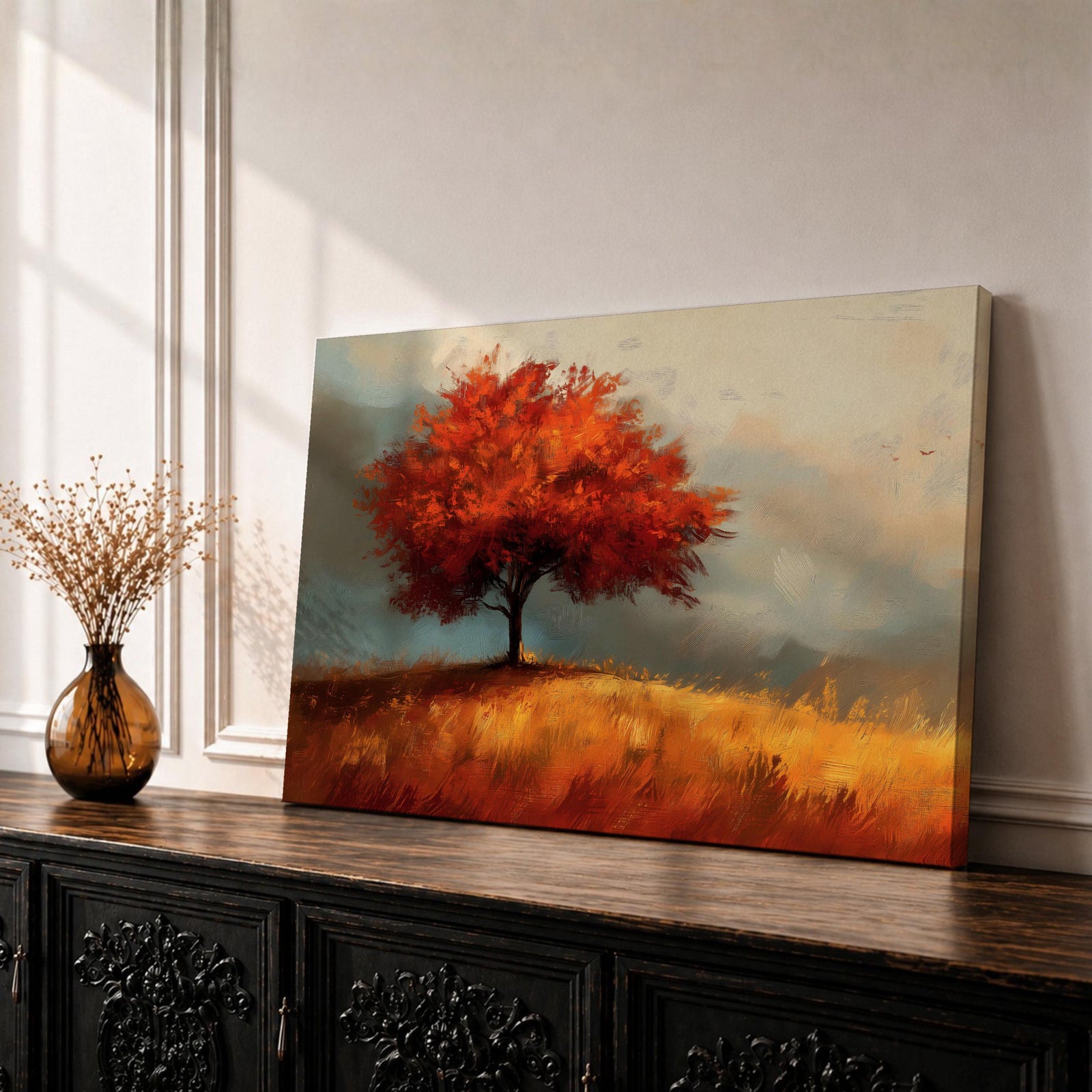 Red Tree Wall Art Autumn Tree Framed Canvas Rustic Scenery Vintage Landscape Home Decor