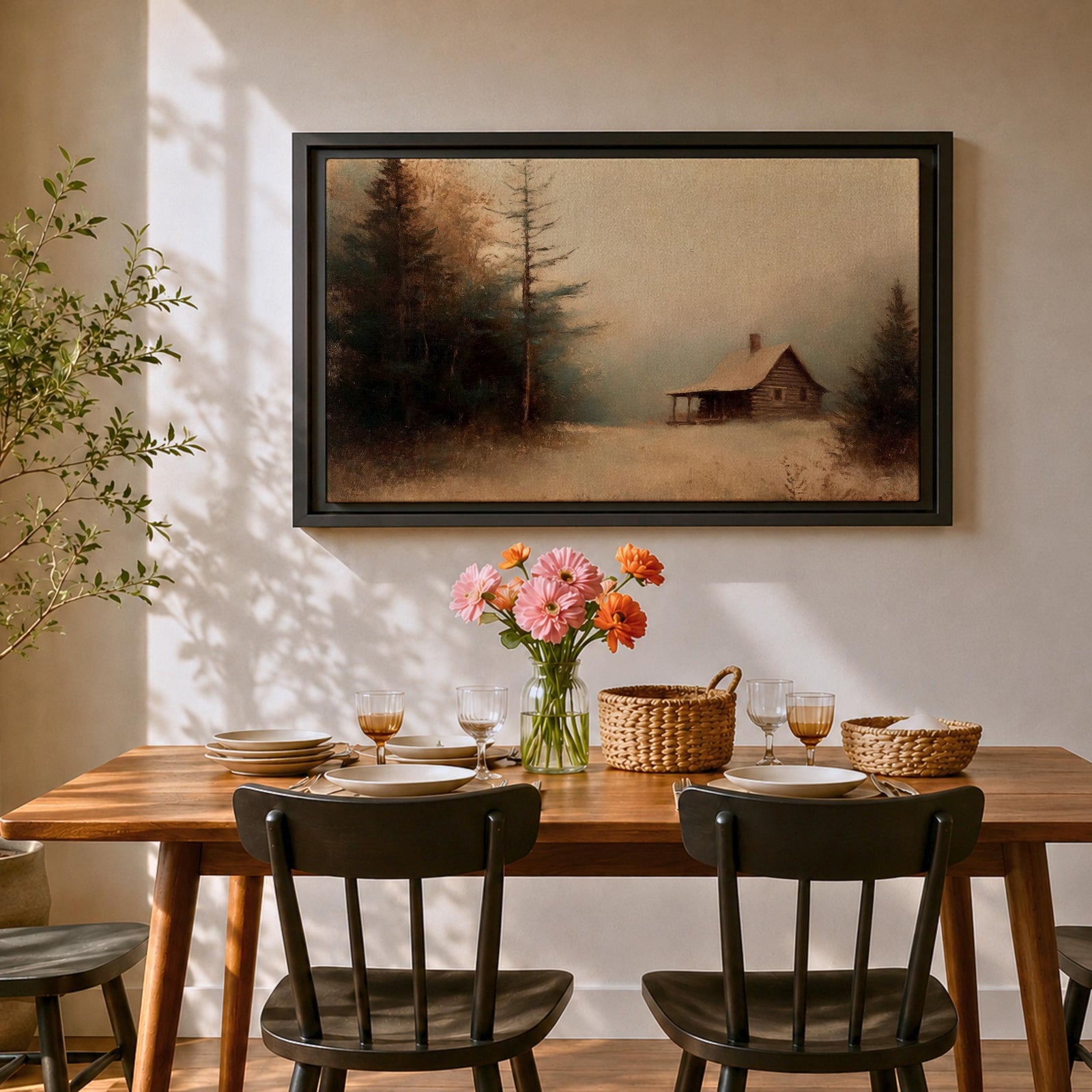 Cabin Wall Art Log House Framed Canvas Winter Landscape Rustic Lodge Home Decor