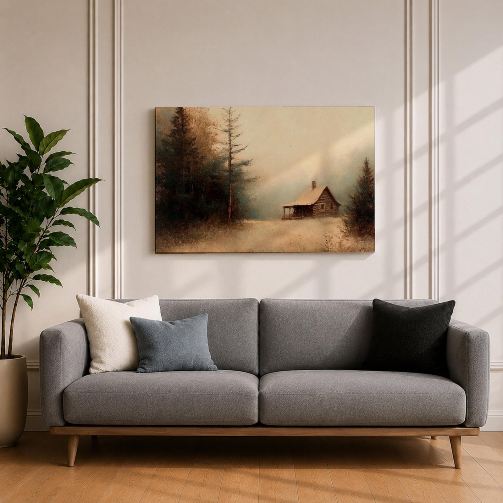 Cabin Wall Art Log House Framed Canvas Winter Landscape Rustic Lodge Home Decor