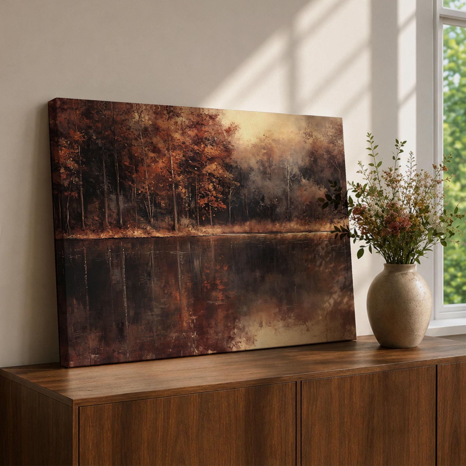 Forest Lake Wall Art Woodland Pond Framed Canvas Rustic Vintage Landscape Farmhouse Home Decor